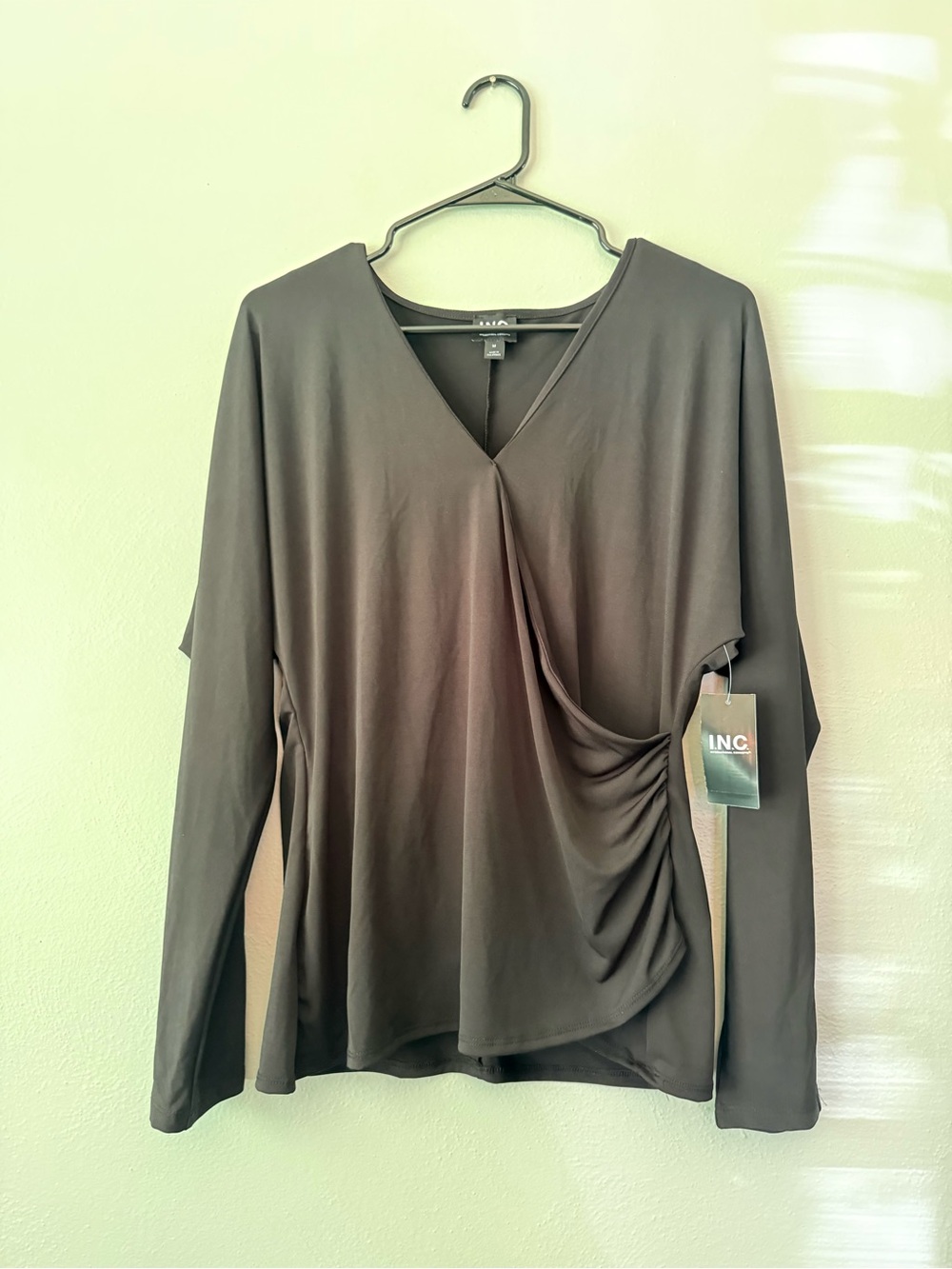 INC International Concepts Black Draped V-Neck Long Sleeve Top